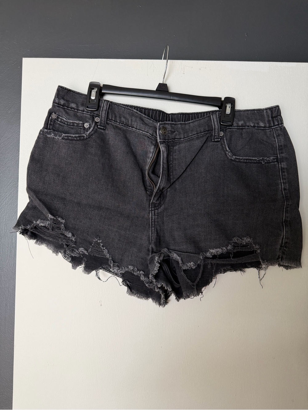 aerie Black Distressed Frayed Hem Denim Shorts